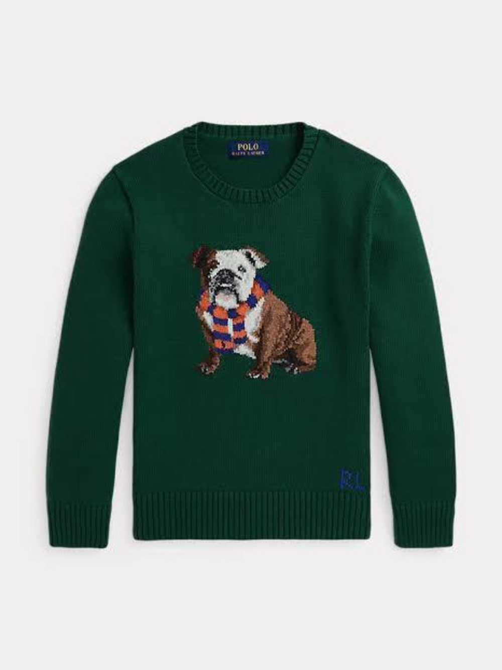 Polo Ralph Lauren English Bulldog Intarsia Knit Green Cotton Boy’s Sweater. XL.